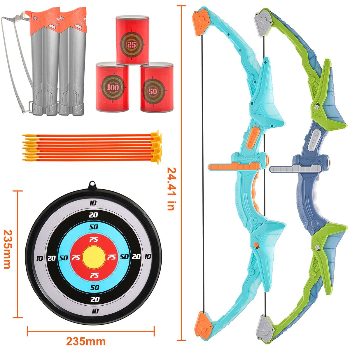 Bow and Arrow Set for Kids, 2 Pack LED Light Up Archery Set with 20 Suction Cup Arrows, 2 Hanging Targets, 2 Quivers, 3 Target Cans, Outdoor Toy Birthday Gift for Boy & Girl 6 7 8 9 10+ Year Old