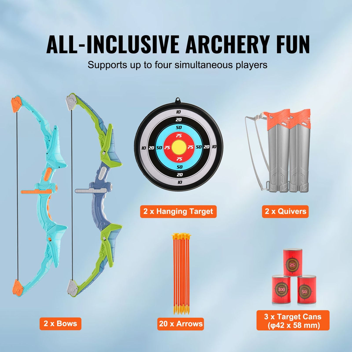 Bow and Arrow Set for Kids, 2 Pack LED Light Up Archery Set with 20 Suction Cup Arrows, 2 Hanging Targets, 2 Quivers, 3 Target Cans, Outdoor Toy Birthday Gift for Boy & Girl 6 7 8 9 10+ Year Old
