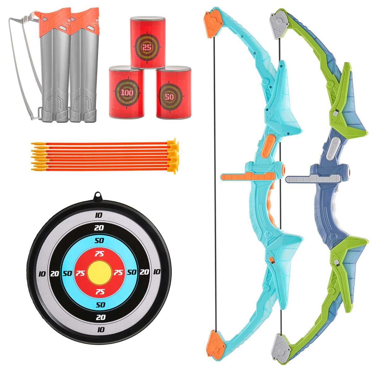 Bow and Arrow Set for Kids, 2 Pack LED Light Up Archery Set with 20 Suction Cup Arrows, 2 Hanging Targets, 2 Quivers, 3 Target Cans, Outdoor Toy Birthday Gift for Boy & Girl 6 7 8 9 10+ Year Old