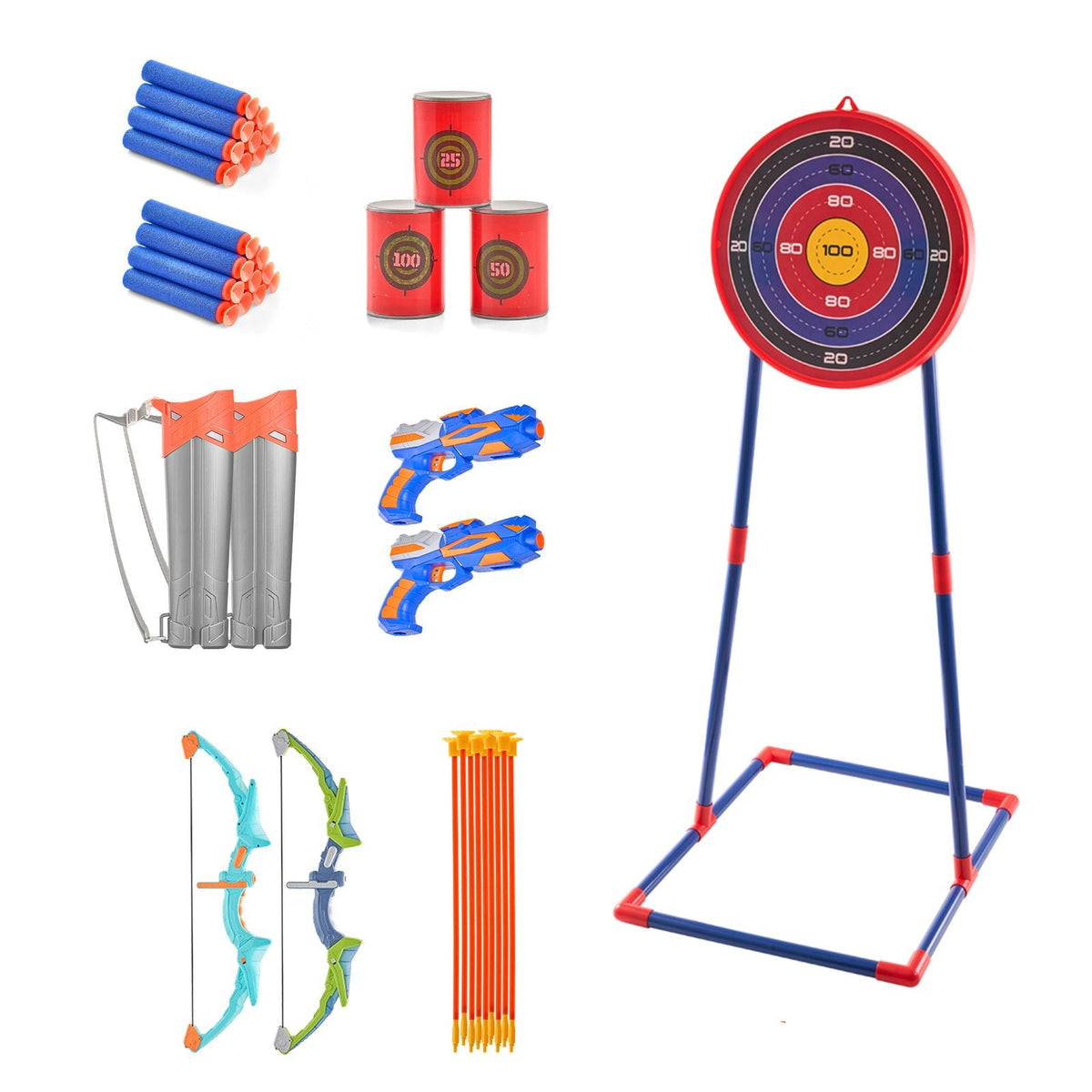 Bow and Arrow Set for Kids, 2 Pack LED Light Up Archery Set with 20 Suction Cup Arrows, Standing Target, 2 Quivers, 2 Guns, 20 Soft Bullets, 3 Target Cans, Outdoor Toy for Boy & Girl 6+ Year Old
