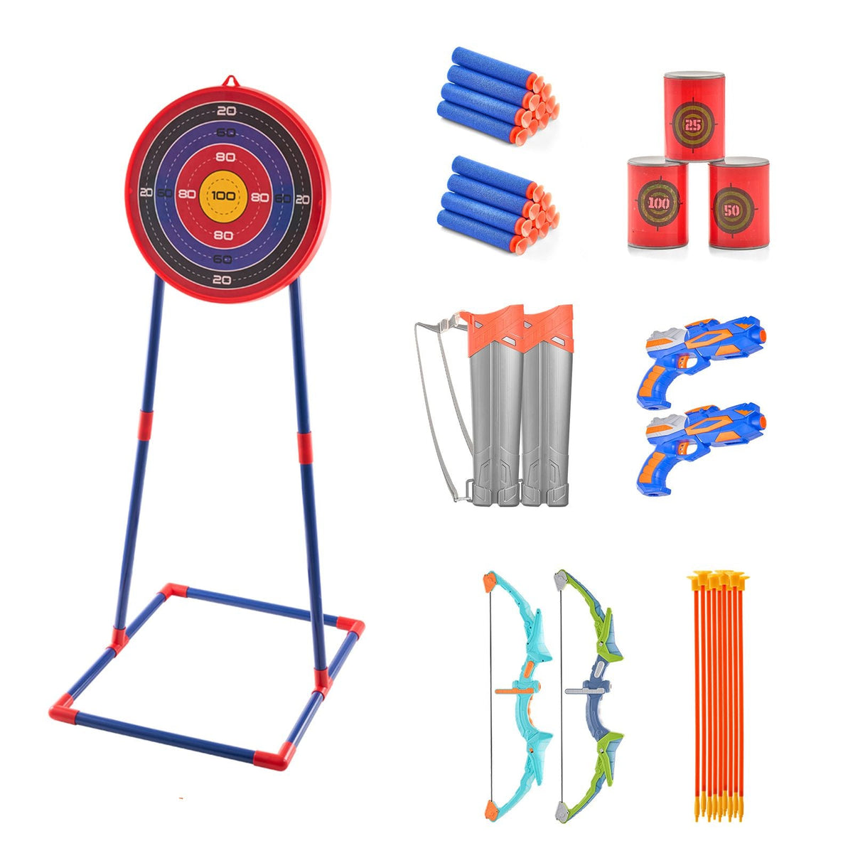Bow and Arrow Set for Kids, 2 Pack LED Light Up Archery Set with 20 Suction Cup Arrows, Standing Target, 2 Quivers, 2 Guns, 20 Soft Bullets, 3 Target Cans, Outdoor Toy for Boy & Girl 6+ Year Old
