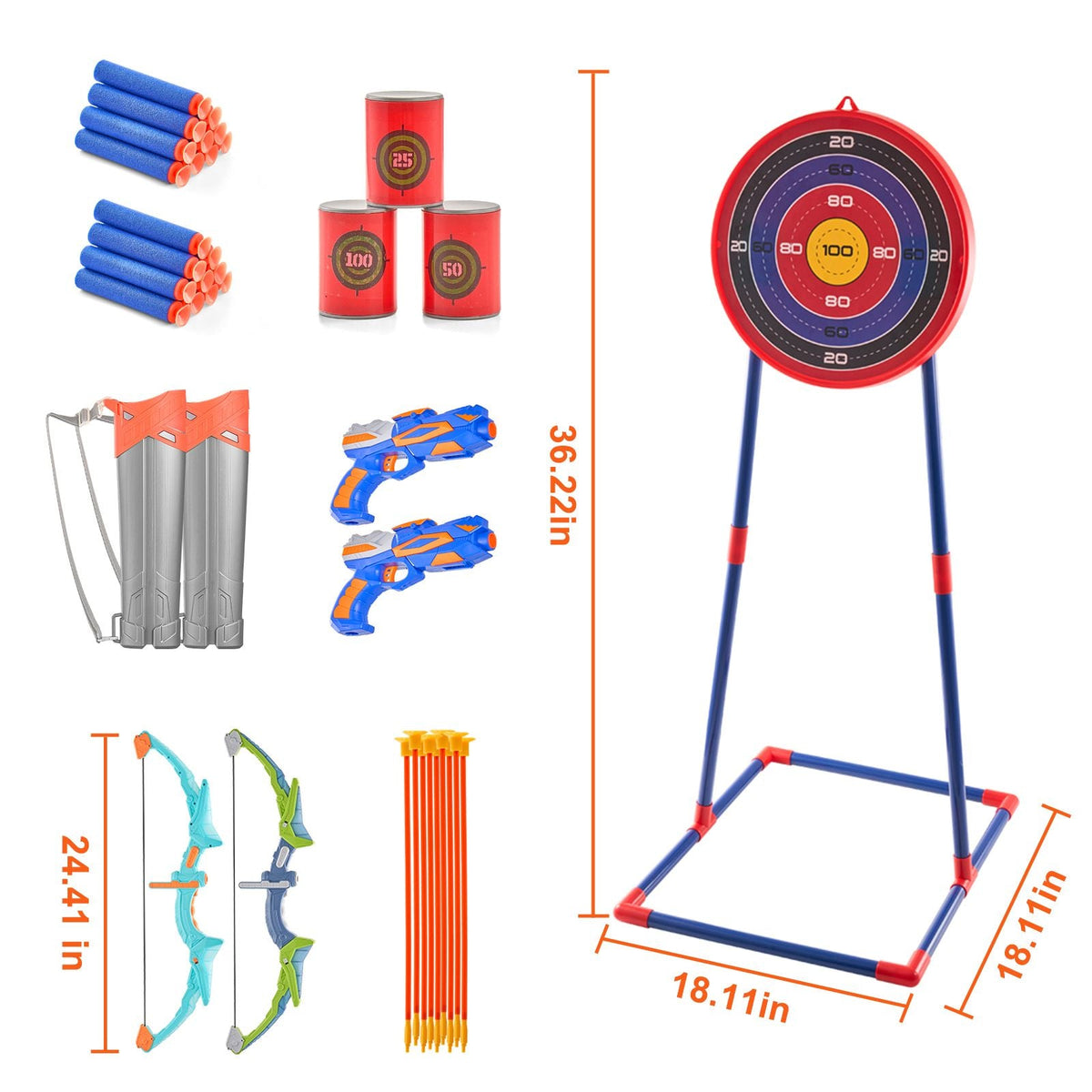 Bow and Arrow Set for Kids, 2 Pack LED Light Up Archery Set with 20 Suction Cup Arrows, Standing Target, 2 Quivers, 2 Guns, 20 Soft Bullets, 3 Target Cans, Outdoor Toy for Boy & Girl 6+ Year Old