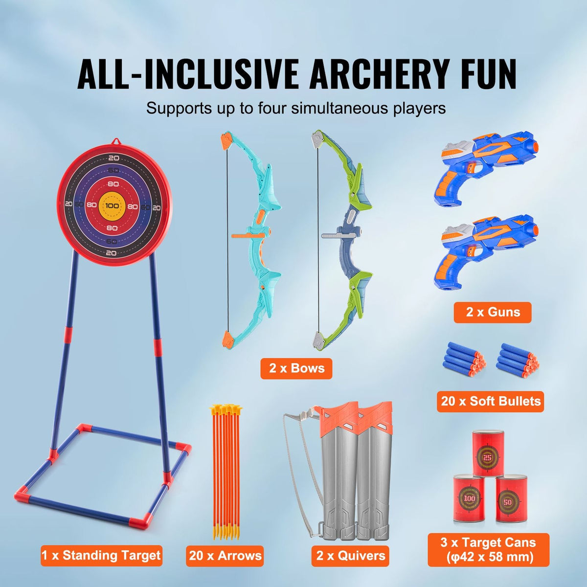 Bow and Arrow Set for Kids, 2 Pack LED Light Up Archery Set with 20 Suction Cup Arrows, Standing Target, 2 Quivers, 2 Guns, 20 Soft Bullets, 3 Target Cans, Outdoor Toy for Boy & Girl 6+ Year Old