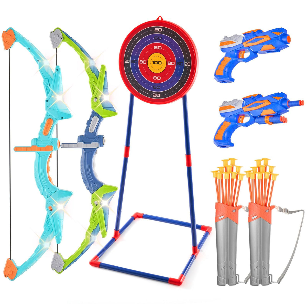Bow and Arrow Set for Kids, 2 Pack LED Light Up Archery Set with 20 Suction Cup Arrows, Standing Target, 2 Quivers, 2 Guns, 20 Soft Bullets, 3 Target Cans, Outdoor Toy for Boy & Girl 6+ Year Old