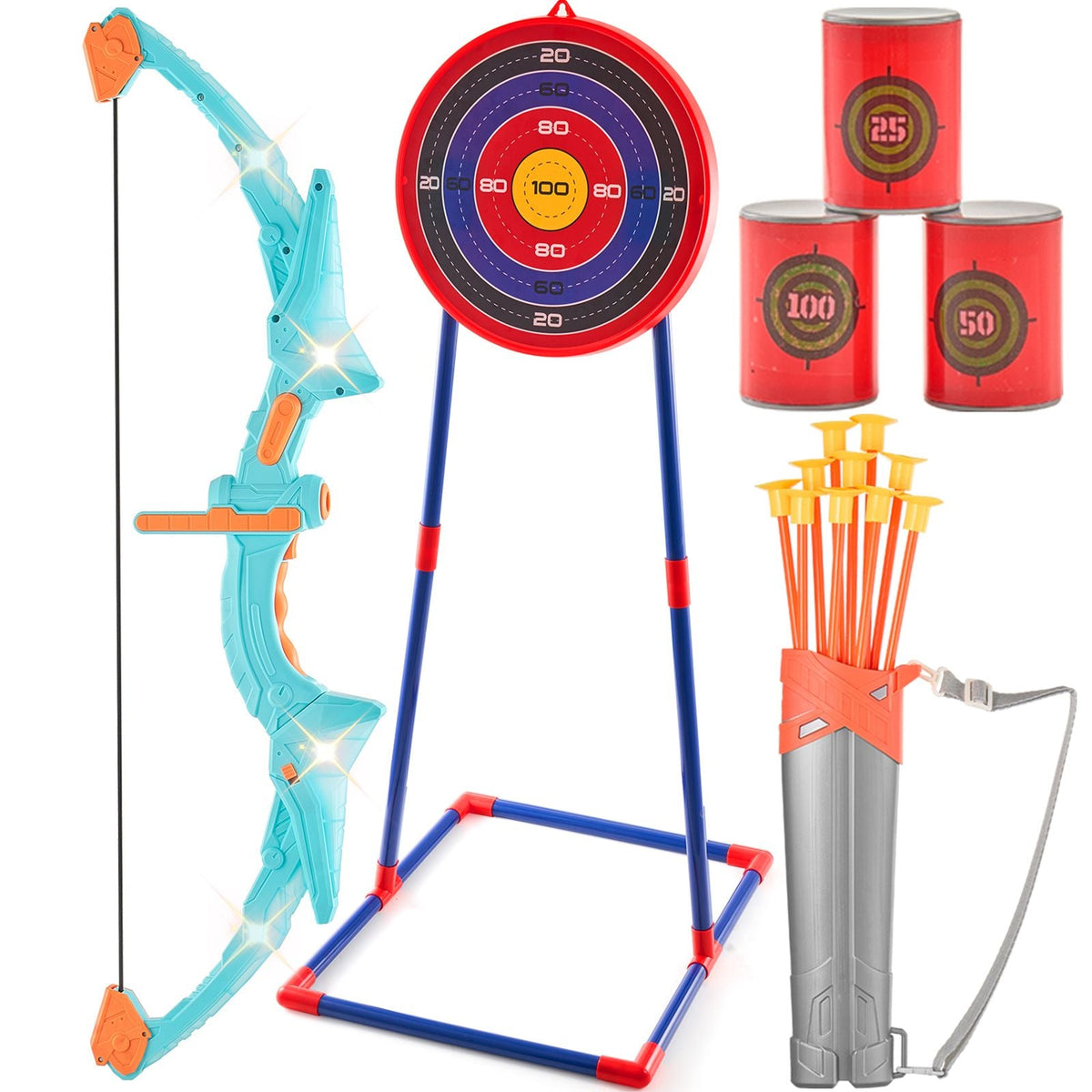 Bow and Arrow Set for Kids, LED Light Up Archery Set with 10 Suction Cup Arrows, Standing Target, Quiver, 3 Target Cans, Outdoor Toy for Boys & Girls 6 7 8 9 10+ Years Old, Birthday Gift for Kid