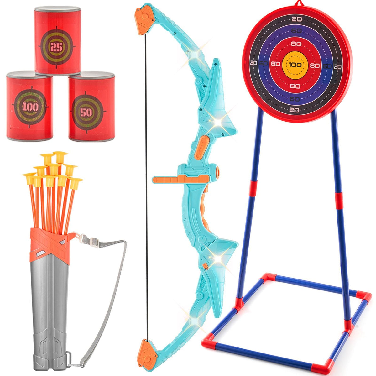 Bow and Arrow Set for Kids, LED Light Up Archery Set with 10 Suction Cup Arrows, Standing Target, Quiver, 3 Target Cans, Outdoor Toy for Boys & Girls 6 7 8 9 10+ Years Old, Birthday Gift for Kid