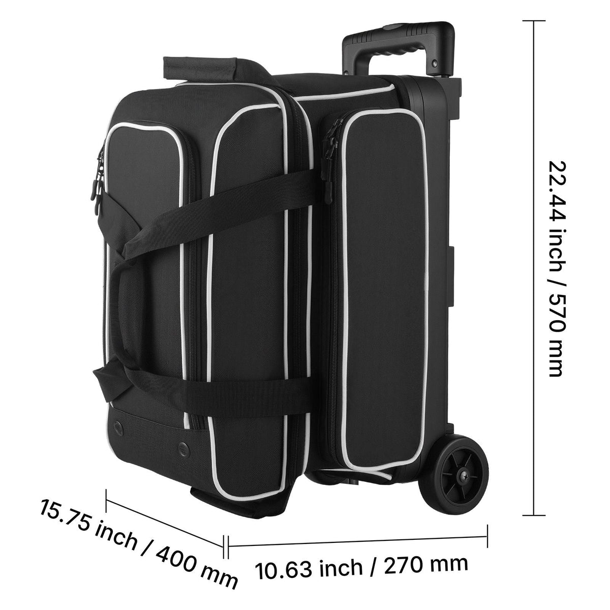 Bowling Ball Bag, 2 Ball Double Roller Bowling Bag with Wheels, Featuring a Separate Compartment for Shoes (Up To US Size 16) & Oversized Accessory Pocket, Retractable Handle Extends to 41.32 in