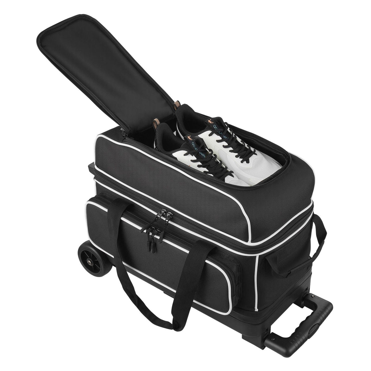 Bowling Ball Bag, 2 Ball Double Roller Bowling Bag with Wheels, Featuring a Separate Compartment for Shoes (Up To US Size 16) & Oversized Accessory Pocket, Retractable Handle Extends to 41.32 in