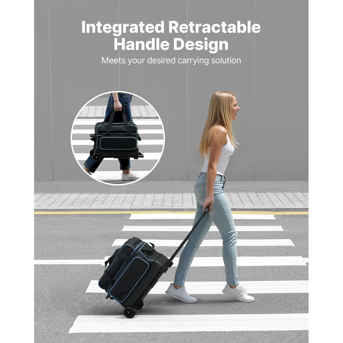 Bowling Ball Bag, 2 Ball Double Roller Bowling Bag with Wheels, Featuring a Separate Compartment for Shoes (Up To US Size 16) & Oversized Accessory Pocket, Retractable Handle Extends to 41.32 in