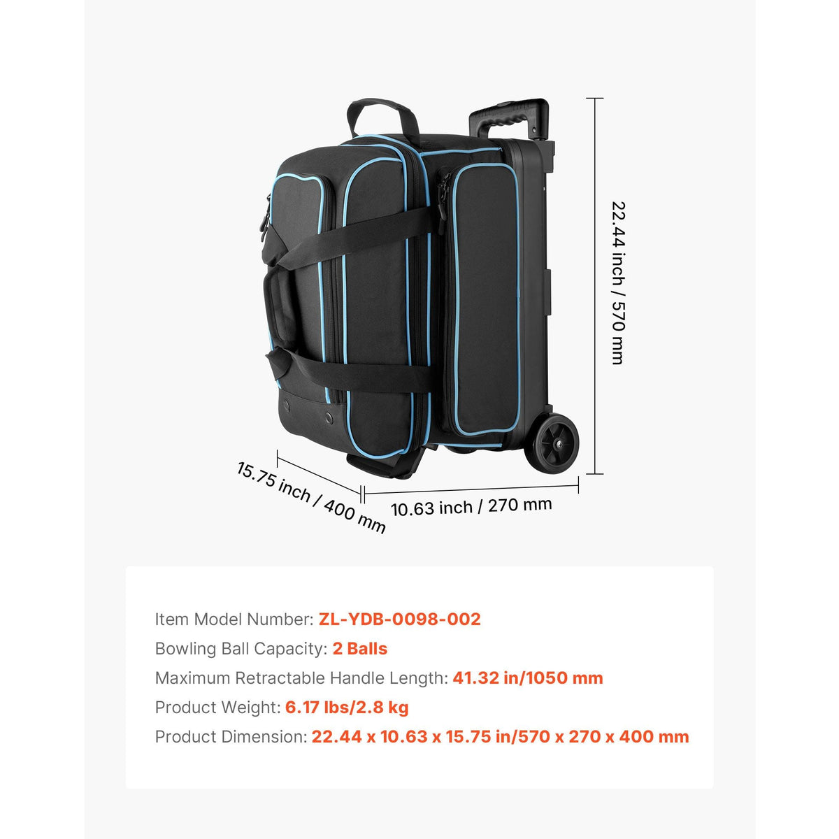 Bowling Ball Bag, 2 Ball Double Roller Bowling Bag with Wheels, Featuring a Separate Compartment for Shoes (Up To US Size 16) & Oversized Accessory Pocket, Retractable Handle Extends to 41.32 in
