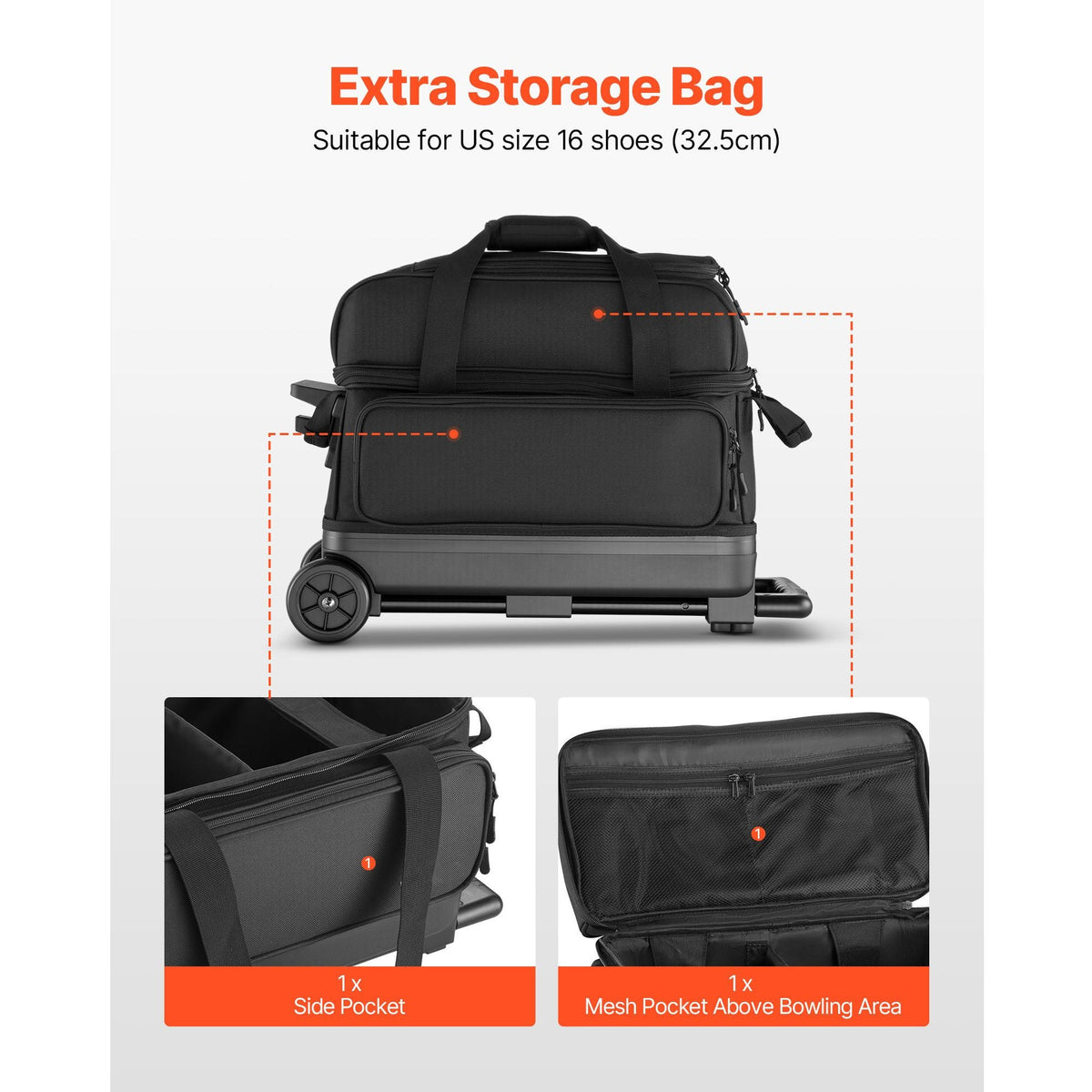 Bowling Ball Bag, 2 Ball Double Roller Bowling Bag with Wheels, Featuring a Separate Compartment for Shoes (Up To US Size 16) & Oversized Accessory Pocket, Retractable Handle Extends to 41.32 in