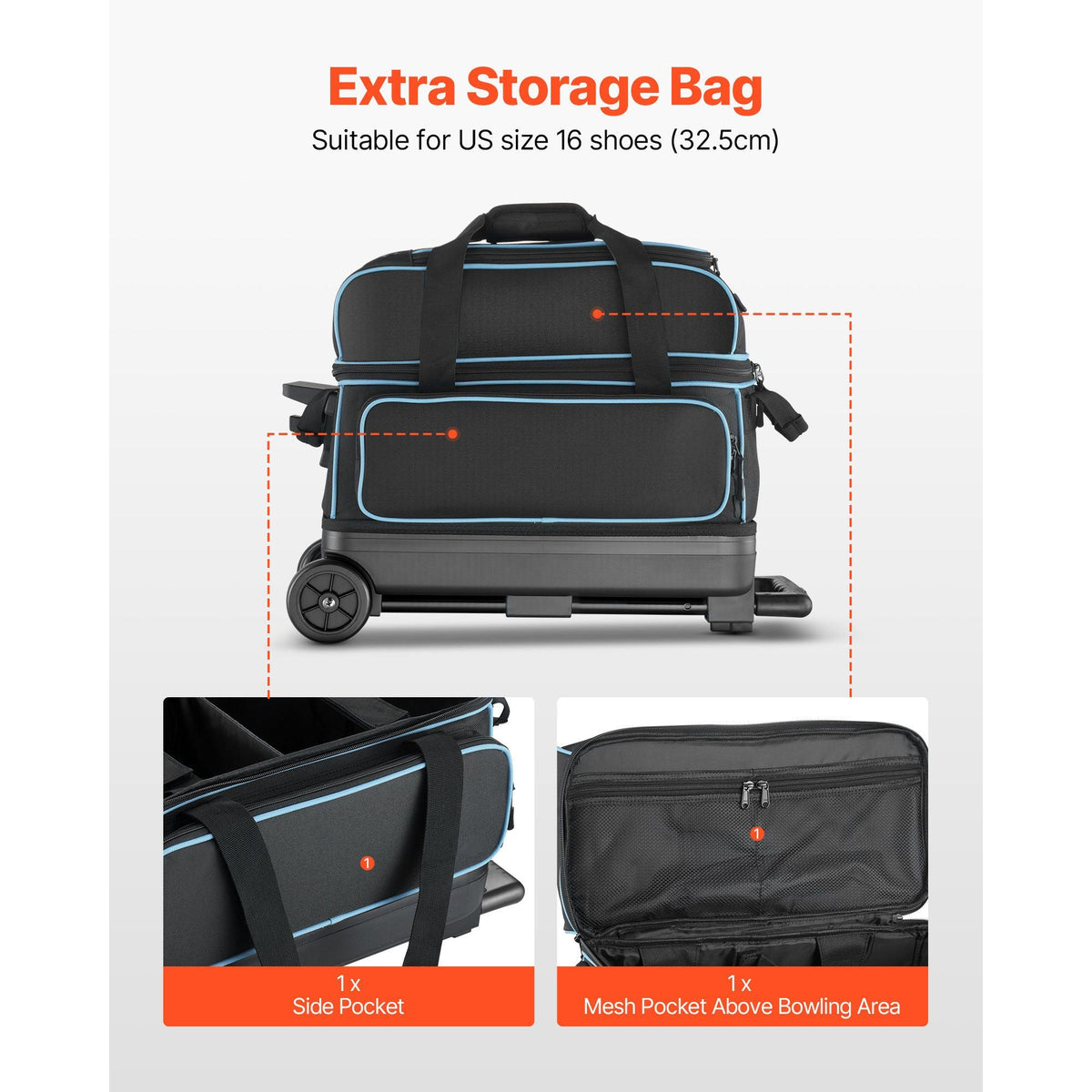 Bowling Ball Bag, 2 Ball Double Roller Bowling Bag with Wheels, Featuring a Separate Compartment for Shoes (Up To US Size 16) & Oversized Accessory Pocket, Retractable Handle Extends to 41.32 in