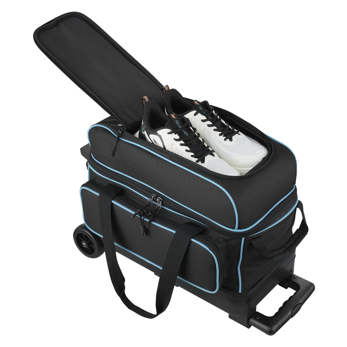 Bowling Ball Bag, 2 Ball Double Roller Bowling Bag with Wheels, Featuring a Separate Compartment for Shoes (Up To US Size 16) & Oversized Accessory Pocket, Retractable Handle Extends to 41.32 in
