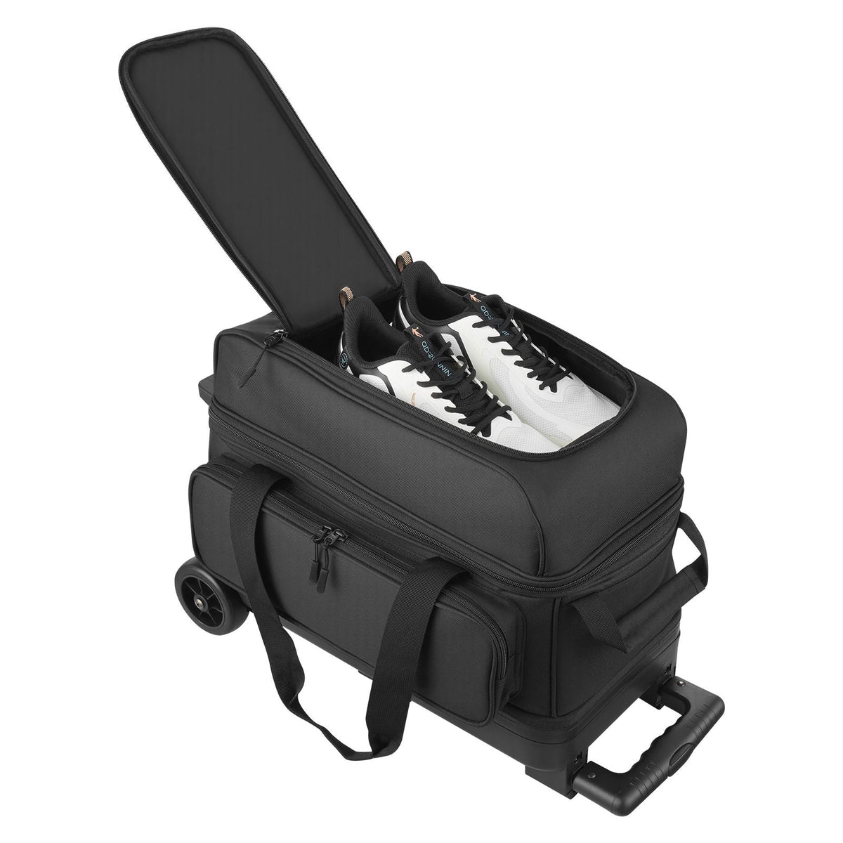 Bowling Ball Bag, 2 Ball Double Roller Bowling Bag with Wheels, Featuring a Separate Compartment for Shoes (Up To US Size 16) & Oversized Accessory Pocket, Retractable Handle Extends to 41.32 in