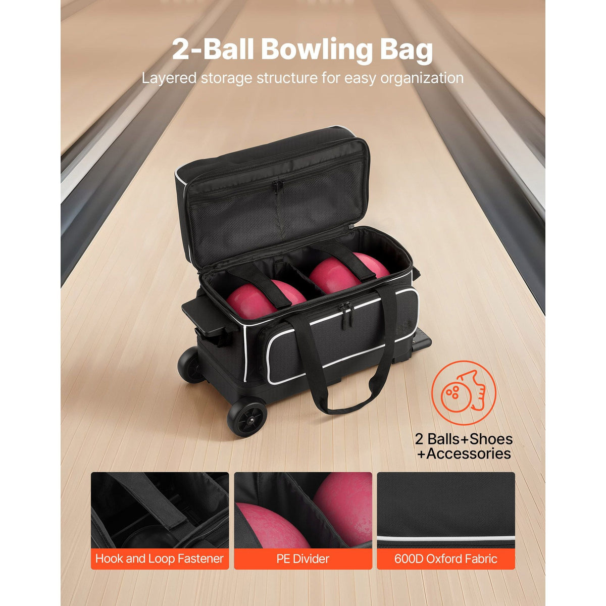 Bowling Ball Bag, 2 Ball Double Roller Bowling Bag with Wheels, Featuring a Separate Compartment for Shoes (Up To US Size 16) & Oversized Accessory Pocket, Retractable Handle Extends to 41.32 in