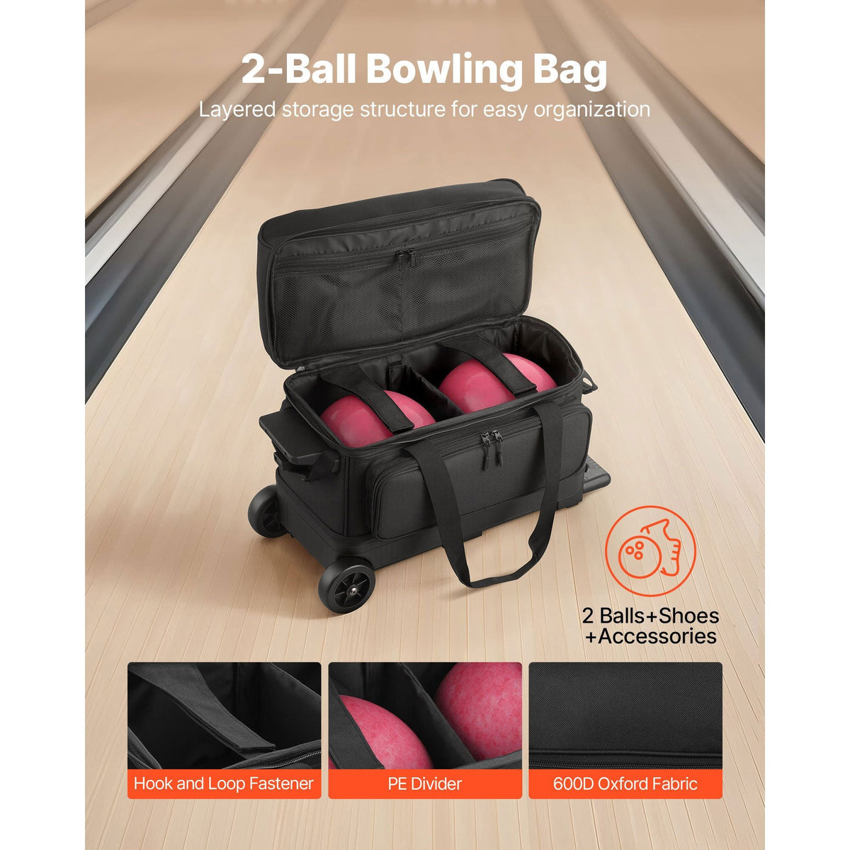 Bowling Ball Bag, 2 Ball Double Roller Bowling Bag with Wheels, Featuring a Separate Compartment for Shoes (Up To US Size 16) & Oversized Accessory Pocket, Retractable Handle Extends to 41.32 in