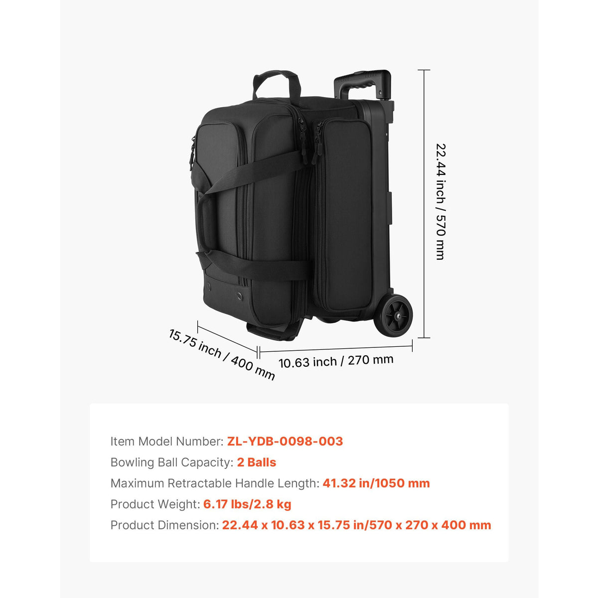 Bowling Ball Bag, 2 Ball Double Roller Bowling Bag with Wheels, Featuring a Separate Compartment for Shoes (Up To US Size 16) & Oversized Accessory Pocket, Retractable Handle Extends to 41.32 in
