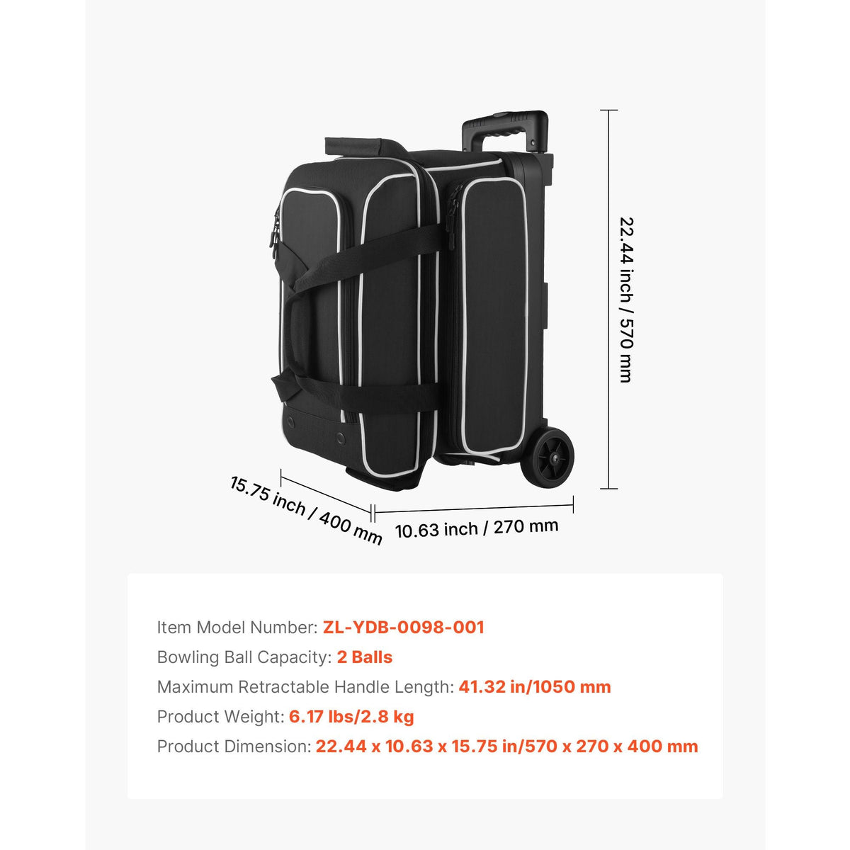 Bowling Ball Bag, 2 Ball Double Roller Bowling Bag with Wheels, Featuring a Separate Compartment for Shoes (Up To US Size 16) & Oversized Accessory Pocket, Retractable Handle Extends to 41.32 in