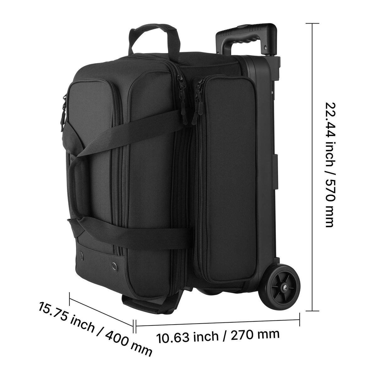 Bowling Ball Bag, 2 Ball Double Roller Bowling Bag with Wheels, Featuring a Separate Compartment for Shoes (Up To US Size 16) & Oversized Accessory Pocket, Retractable Handle Extends to 41.32 in