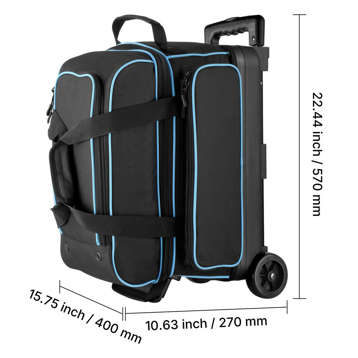 Bowling Ball Bag, 2 Ball Double Roller Bowling Bag with Wheels, Featuring a Separate Compartment for Shoes (Up To US Size 16) & Oversized Accessory Pocket, Retractable Handle Extends to 41.32 in