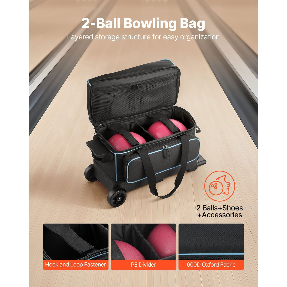 Bowling Ball Bag, 2 Ball Double Roller Bowling Bag with Wheels, Featuring a Separate Compartment for Shoes (Up To US Size 16) & Oversized Accessory Pocket, Retractable Handle Extends to 41.32 in