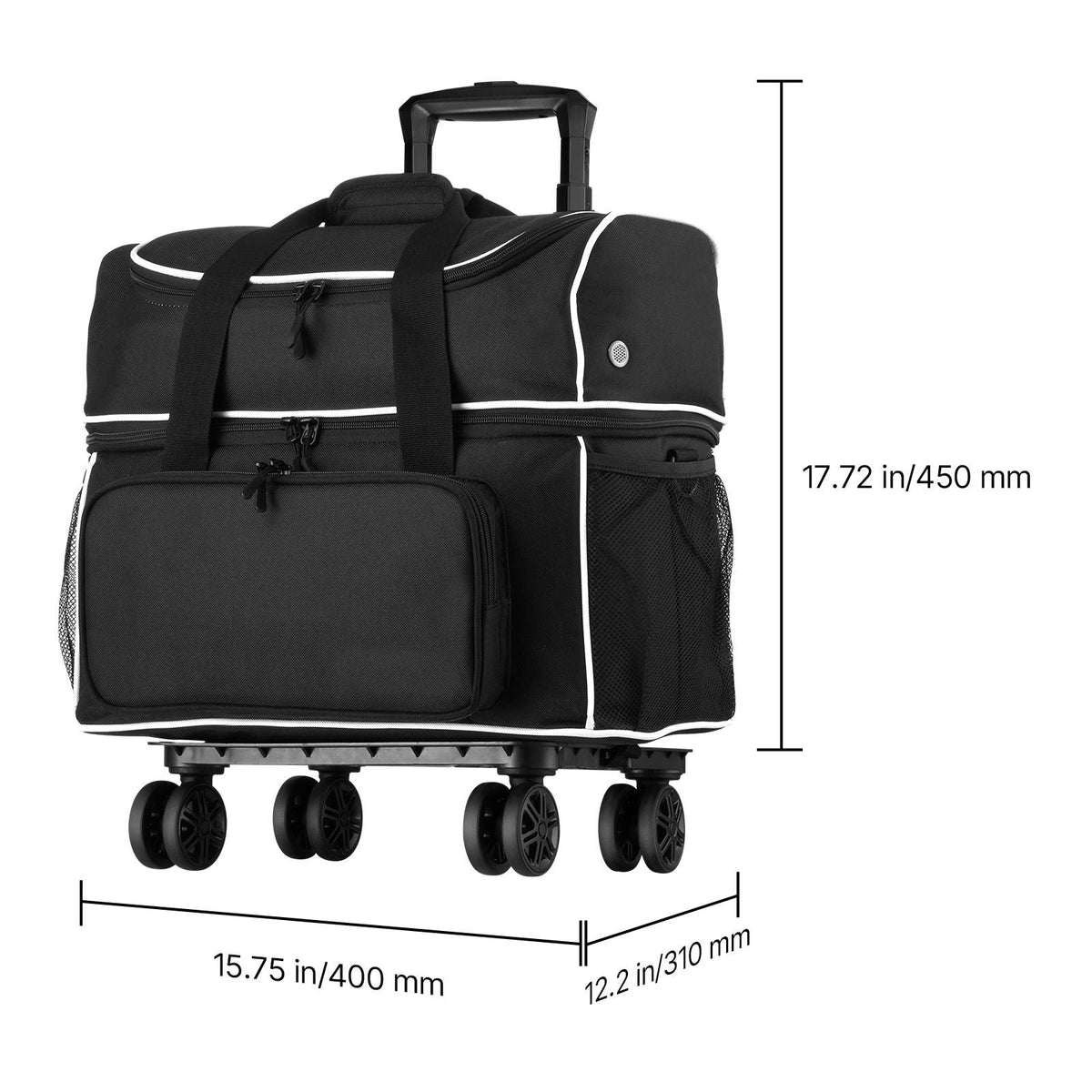 Bowling Ball Bag, 2 Ball Four Roller Bowling Bag with Wheels, Featuring a Separate Compartment for Shoes (Up To US Size 16) & Oversized Accessory Pocket, Retractable Handle Extends to 37.4 in