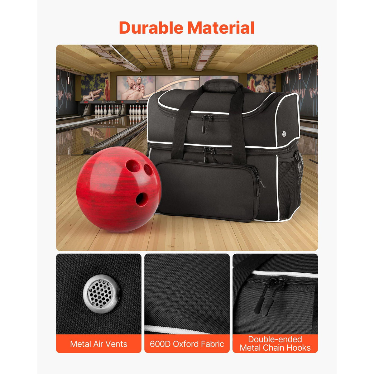 Bowling Ball Bag, 2 Ball Four Roller Bowling Bag with Wheels, Featuring a Separate Compartment for Shoes (Up To US Size 16) & Oversized Accessory Pocket, Retractable Handle Extends to 37.4 in