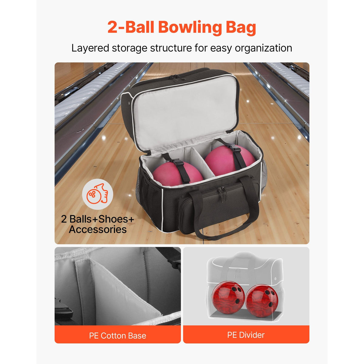 Bowling Ball Bag, 2 Ball Four Roller Bowling Bag with Wheels, Featuring a Separate Compartment for Shoes (Up To US Size 16) & Oversized Accessory Pocket, Retractable Handle Extends to 37.4 in