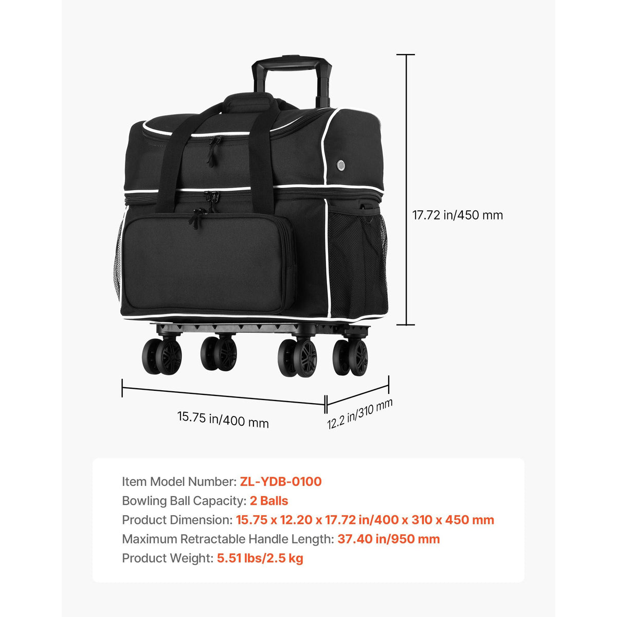 Bowling Ball Bag, 2 Ball Four Roller Bowling Bag with Wheels, Featuring a Separate Compartment for Shoes (Up To US Size 16) & Oversized Accessory Pocket, Retractable Handle Extends to 37.4 in