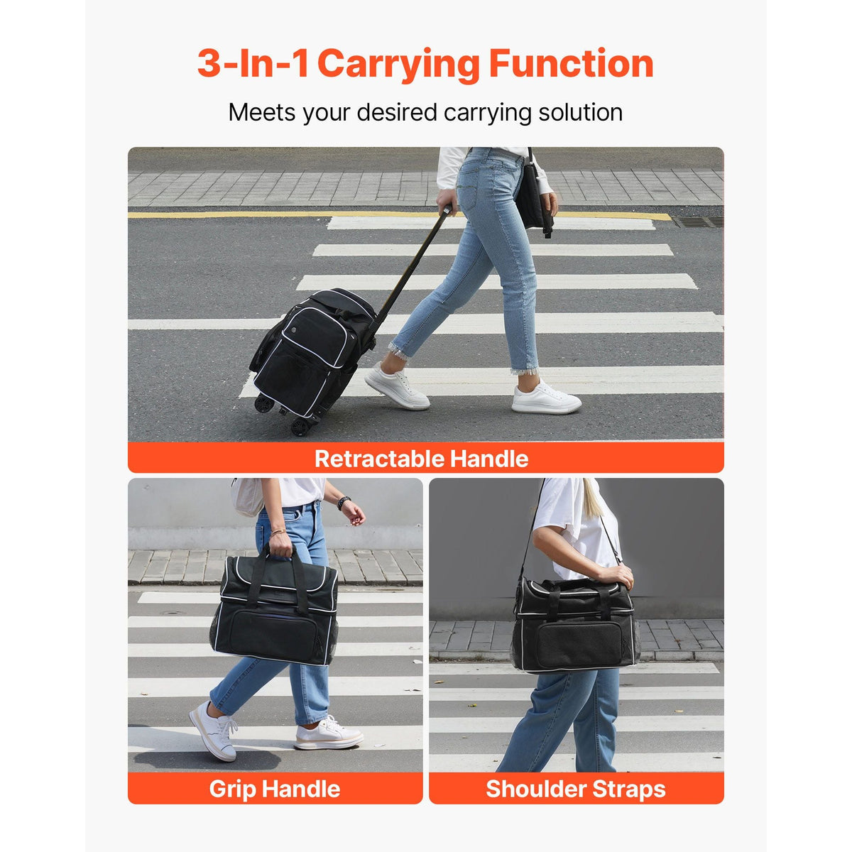 Bowling Ball Bag, 2 Ball Four Roller Bowling Bag with Wheels, Featuring a Separate Compartment for Shoes (Up To US Size 16) & Oversized Accessory Pocket, Retractable Handle Extends to 37.4 in