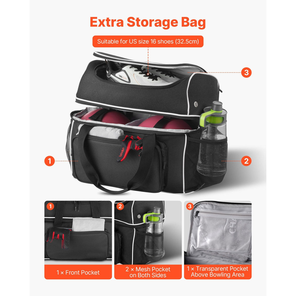 Bowling Ball Bag, 2 Ball Four Roller Bowling Bag with Wheels, Featuring a Separate Compartment for Shoes (Up To US Size 16) & Oversized Accessory Pocket, Retractable Handle Extends to 37.4 in