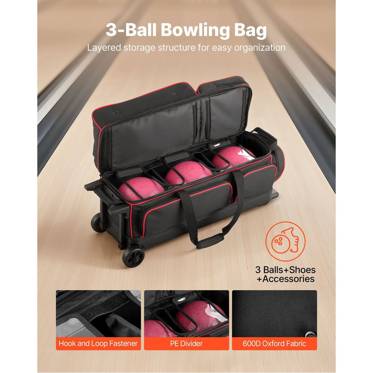Bowling Ball Bag, 3 Ball Double Roller Bowling Bag with Wheels, Featuring a Separate Compartment for Shoes (Up To US Size 16) & Oversized Accessory Pocket, Retractable Handle Extends to 41.34 in