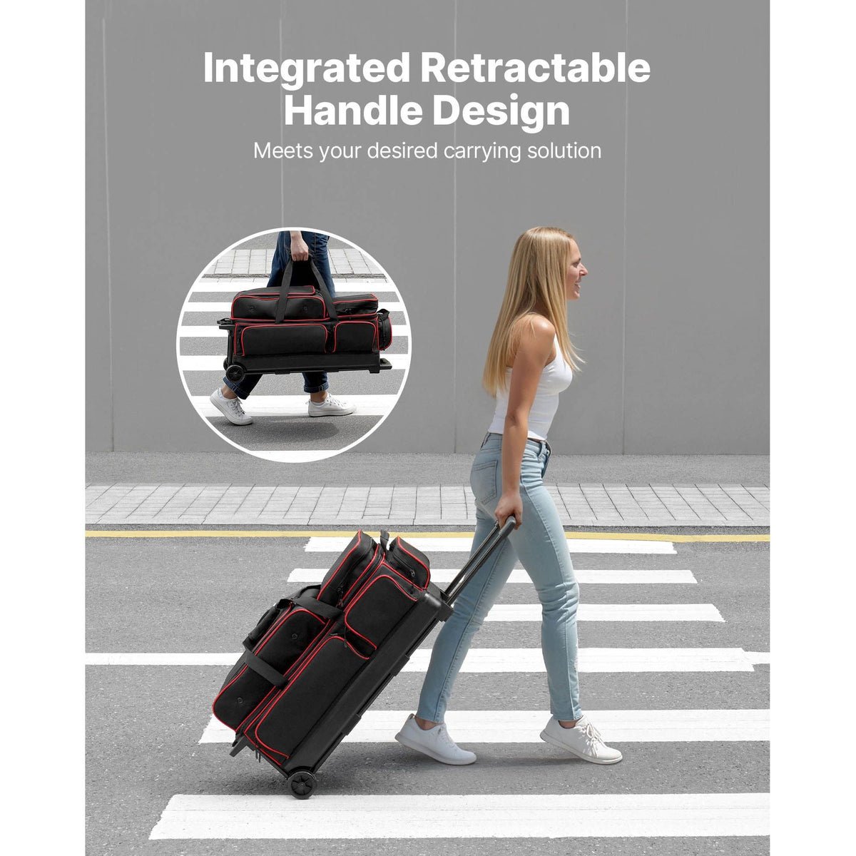 Bowling Ball Bag, 3 Ball Double Roller Bowling Bag with Wheels, Featuring a Separate Compartment for Shoes (Up To US Size 16) & Oversized Accessory Pocket, Retractable Handle Extends to 41.34 in