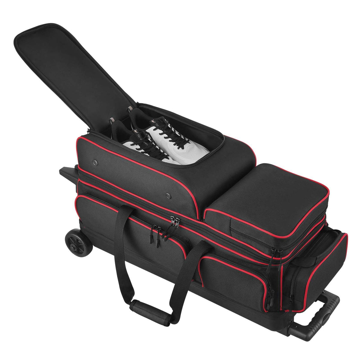 Bowling Ball Bag, 3 Ball Double Roller Bowling Bag with Wheels, Featuring a Separate Compartment for Shoes (Up To US Size 16) & Oversized Accessory Pocket, Retractable Handle Extends to 41.34 in