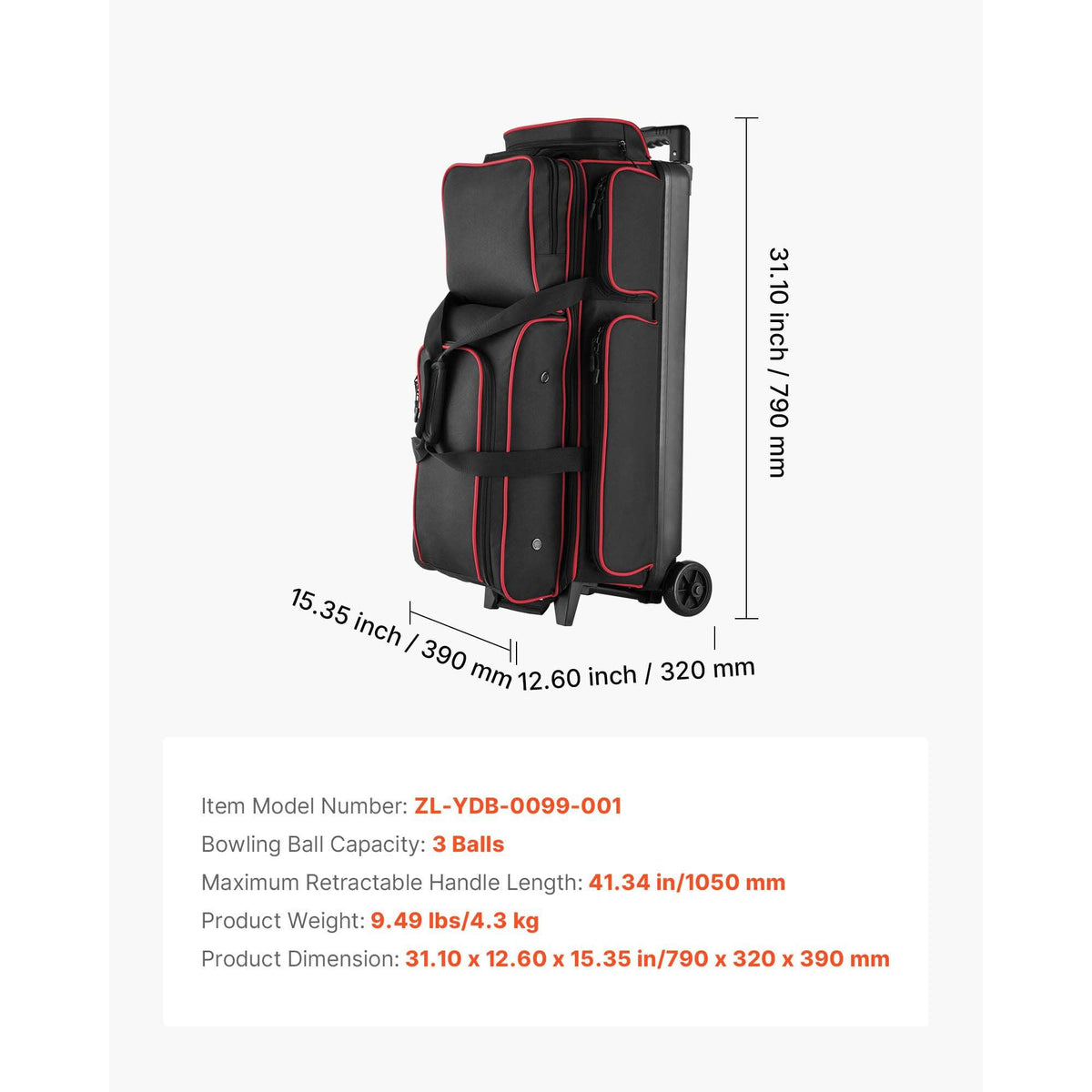 Bowling Ball Bag, 3 Ball Double Roller Bowling Bag with Wheels, Featuring a Separate Compartment for Shoes (Up To US Size 16) & Oversized Accessory Pocket, Retractable Handle Extends to 41.34 in