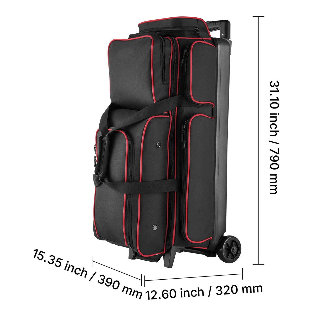 Bowling Ball Bag, 3 Ball Double Roller Bowling Bag with Wheels, Featuring a Separate Compartment for Shoes (Up To US Size 16) & Oversized Accessory Pocket, Retractable Handle Extends to 41.34 in
