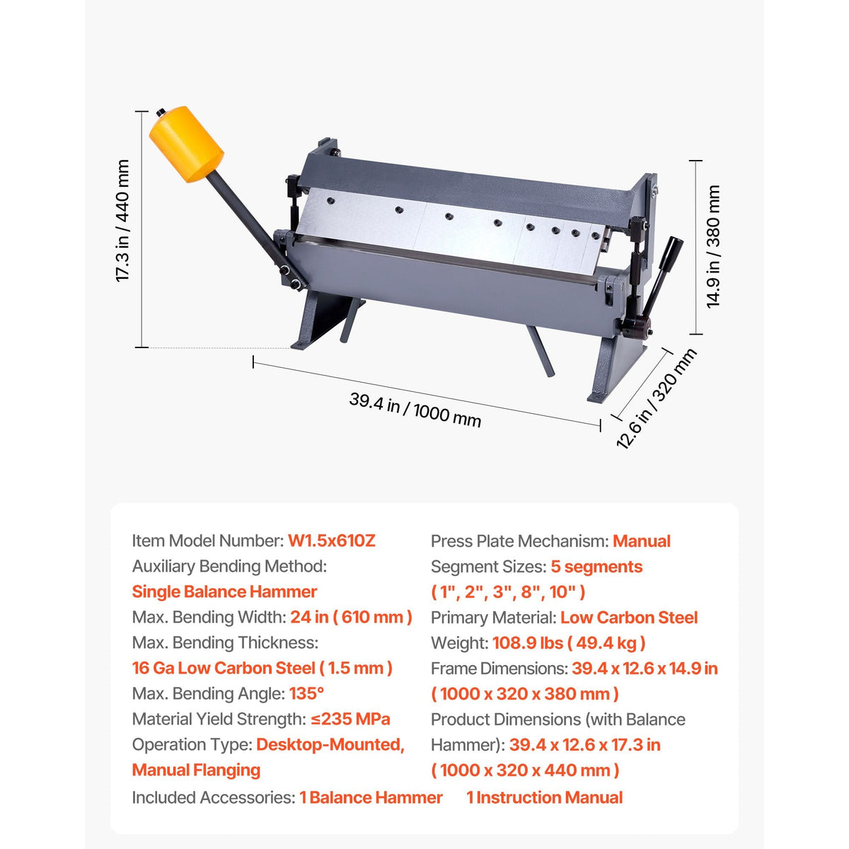 Box and Pan Brake, 24 in Sheet Metal Bending Brake,16-Gauge Mild Steel Capacity, 0-135 Degree Adjustable, Metal Bender Machine with 5 Fingers, Heavy-Duty Aluminum Folder for Precise Bending