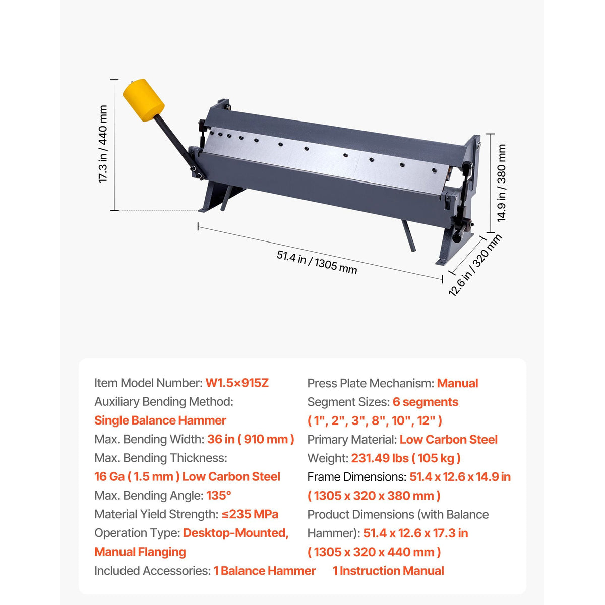 Box and Pan Brake, 36 in Sheet Metal Bending Brake,16-Gauge Mild Steel Capacity, 0-135 Degree Adjustable, Metal Bender Machine with 6 Fingers, Heavy-Duty Aluminum Folder for Precise Bending