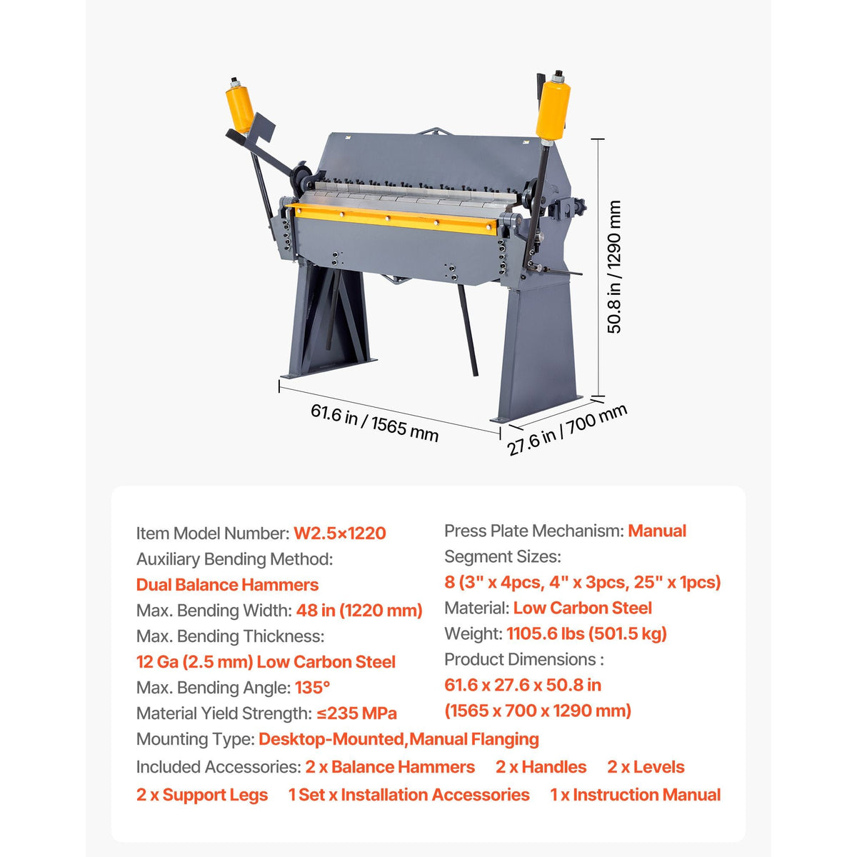 Box and Pan Brake, 48 in Sheet Metal Bending Brake, 12-Gauge Mild Steel Capacity, 0-135 Degree Adjustable, Metal Bender Machine with 8 Fingers, Heavy-Duty Aluminum Folder for Precise Bending