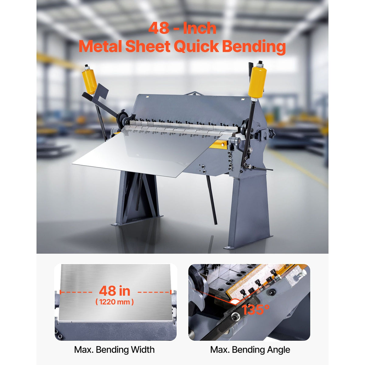 Box and Pan Brake, 48 in Sheet Metal Bending Brake, 12-Gauge Mild Steel Capacity, 0-135 Degree Adjustable, Metal Bender Machine with 8 Fingers, Heavy-Duty Aluminum Folder for Precise Bending
