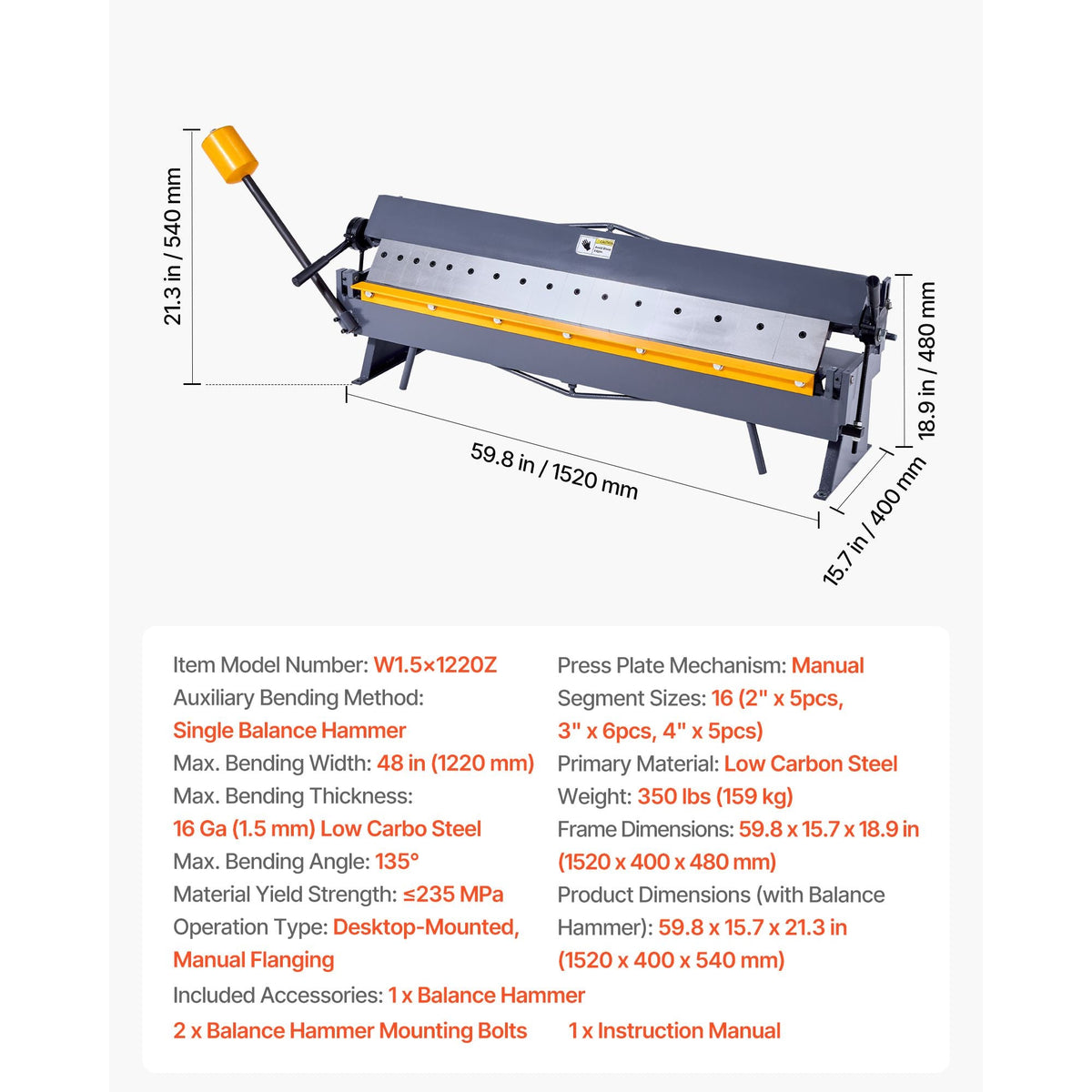 Box and Pan Brake, 48 in Sheet Metal Bending Brake,16-Gauge Mild Steel Capacity, 0-135 Degree Adjustable, Metal Bender Machine with 16 Fingers, Heavy-Duty Aluminum Folder for Precise Bending