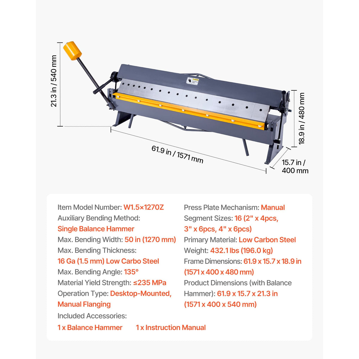 Box and Pan Brake, 50 in Sheet Metal Bending Brake,16-Gauge Mild Steel Capacity, 0-135 Degree Adjustable, Metal Bender Machine with 16 Fingers, Heavy-Duty Aluminum Folder for Precise Bending