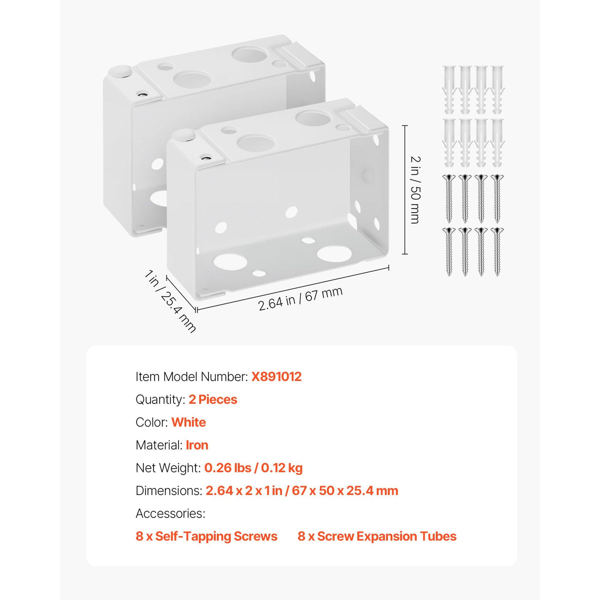 Box Mounting Brackets, 2 Pcs, Box Blind Bracket for Window Blinds, Fit for 1.5 x 2.25 inch Headrails, with Self-Tapping Screws and Expansion Tubes, Sturdy Iron, for Blinds Installation, White