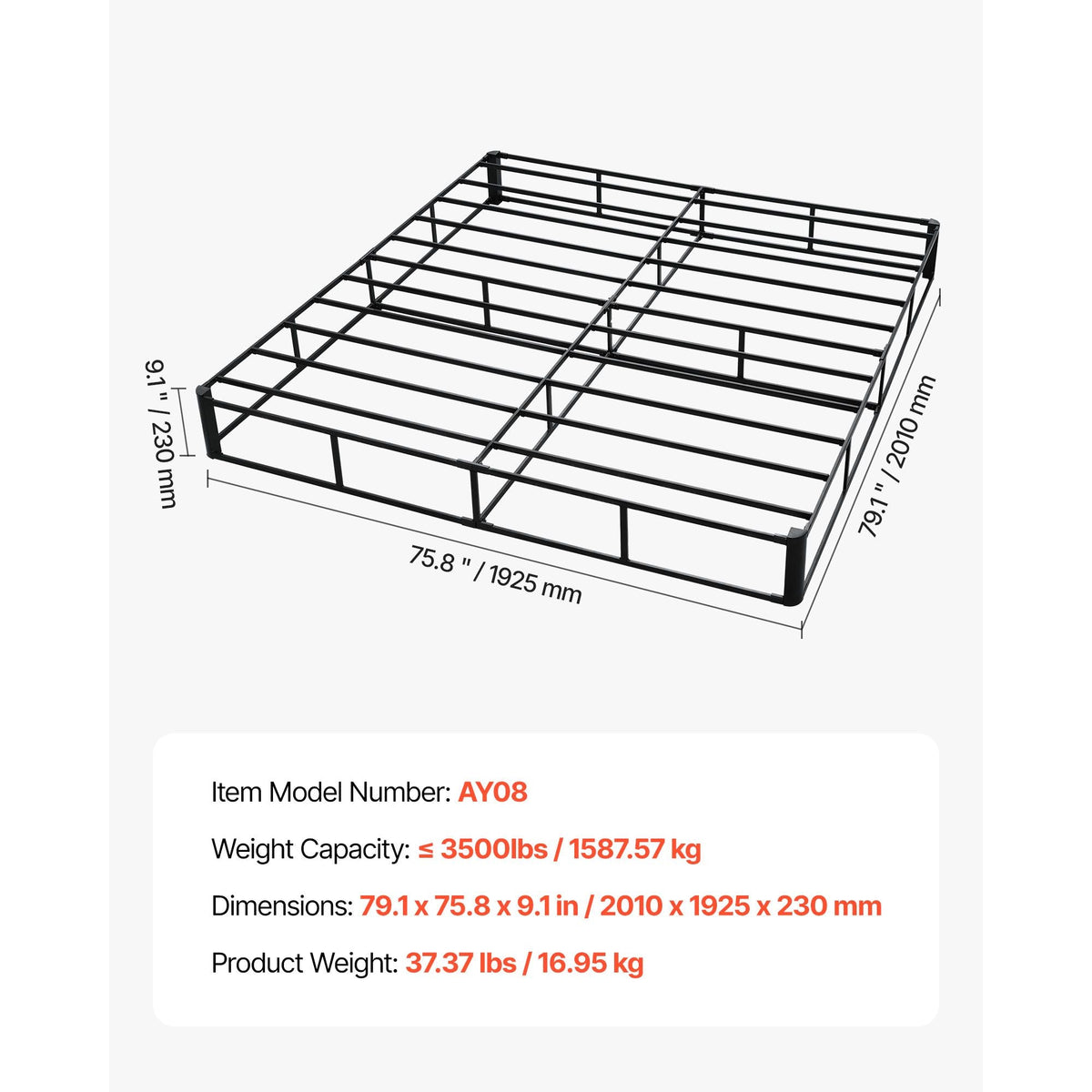 Box Spring, King Size Bed Frame with Washable Fabric Cloth, Heavy Duty Metal Frame for King Bed, 9 in Mattress Foundation, 3500 lbs Max Weight Capacity, Easy Assembly, 79.1 L x 75.8 W x 9.1 H in