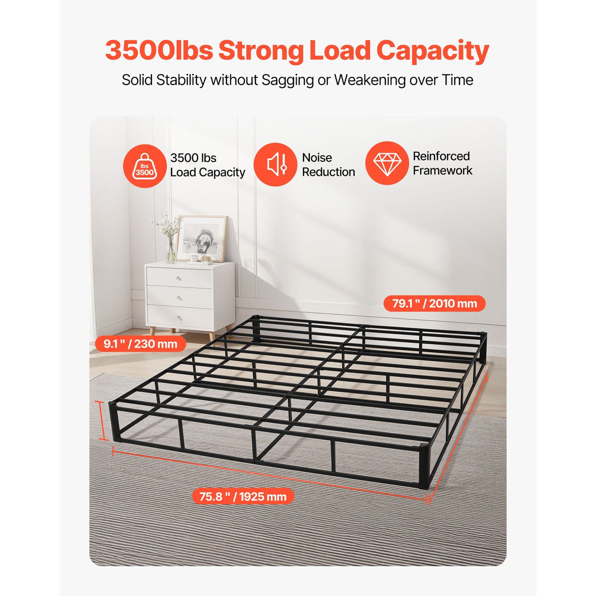 Box Spring, King Size Bed Frame with Washable Fabric Cloth, Heavy Duty Metal Frame for King Bed, 9.1 in Mattress Foundation, 3500 lbs Max Weight Capacity, Easy Assembly, 79.1 x 75.8 x 9.1 in