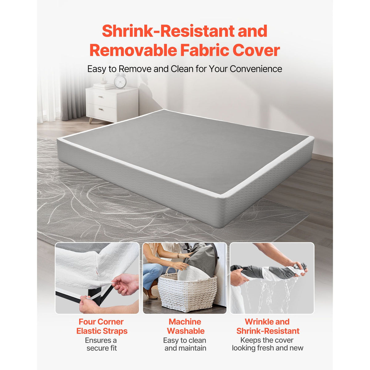 Box Spring, King Size Bed Frame with Washable Fabric Cloth, Heavy Duty Metal Frame for King Bed, 9.1 in Mattress Foundation, 3500 lbs Max Weight Capacity, Easy Assembly, 79.1 x 75.8 x 9.1 in