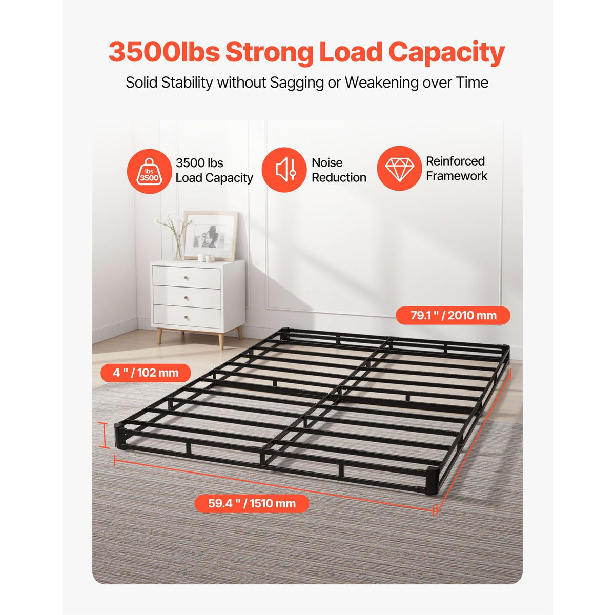 Box Spring, Queen Size Bed Frame with Washable Fabric Cloth, Heavy Duty Metal Frame for Queen Bed, 4 in Mattress Foundation, 3500 lbs Max Weight Capacity, Easy Assembly, 79.1 L x 59.4 W x 4 H in