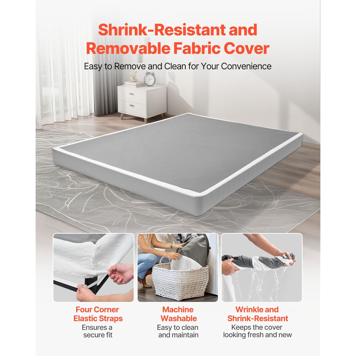 Box Spring, Queen Size Bed Frame with Washable Fabric Cloth, Heavy Duty Metal Frame for Queen Bed, 4 in Mattress Foundation, 3500 lbs Max Weight Capacity, Easy Assembly, 79.1 L x 59.4 W x 4 H in
