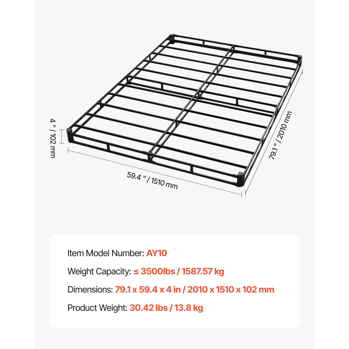 Box Spring, Queen Size Bed Frame with Washable Fabric Cloth, Heavy Duty Metal Frame for Queen Bed, 4 in Mattress Foundation, 3500 lbs Max Weight Capacity, Easy Assembly, 79.1 L x 59.4 W x 4 H in
