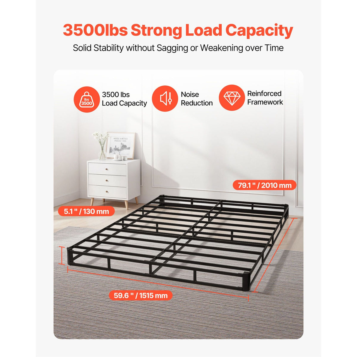 Box Spring, Queen Size Bed Frame with Washable Fabric Cloth, Heavy Duty Metal Frame for Queen Bed, 5 in Mattress Foundation, 3500 lbs Max Weight Capacity, Easy Assembly, 79.1L x 59.6W x 5.1H in